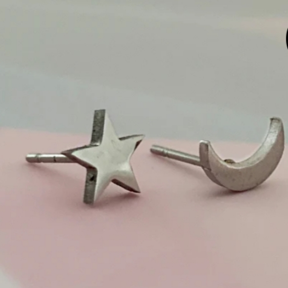 FP Minimalist Hypoallergenic Jewel Star Moon Ear Stud Silver Earrings